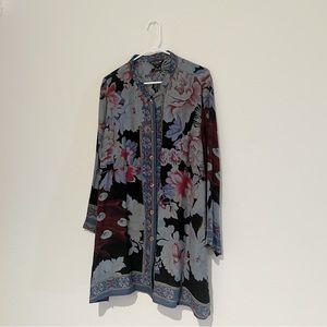 Citron Blue and Maroon Floral Silk Mandarin Collar Button Down Blouse Size 3X